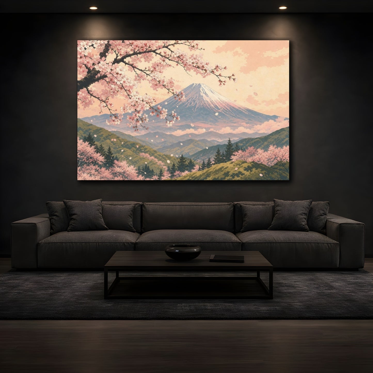 Mockup 3. Layered Gouache Posterism Sakura Branch Over Fuji Foothills, Blush, Moss And Warm Ivory shown as canvas print