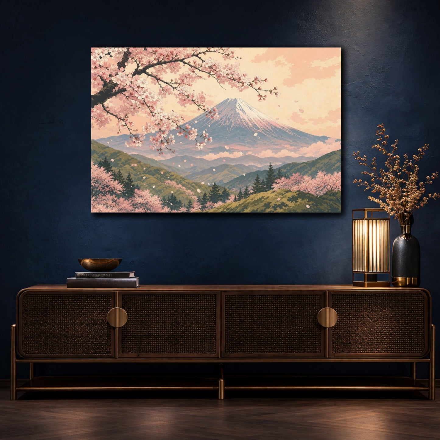 Mockup 4. Layered Gouache Posterism Sakura Branch Over Fuji Foothills, Blush, Moss And Warm Ivory shown as canvas print