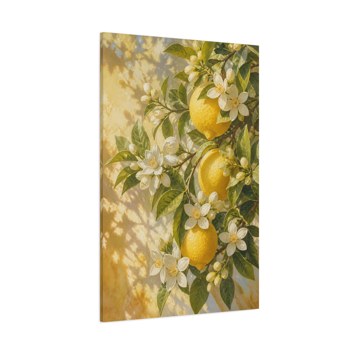Side Mockup 1. Lemon Flowers In Sunlight shown as canvas print