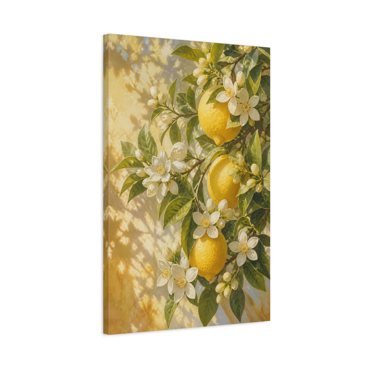 Side Mockup 2. Lemon Flowers In Sunlight shown as canvas print