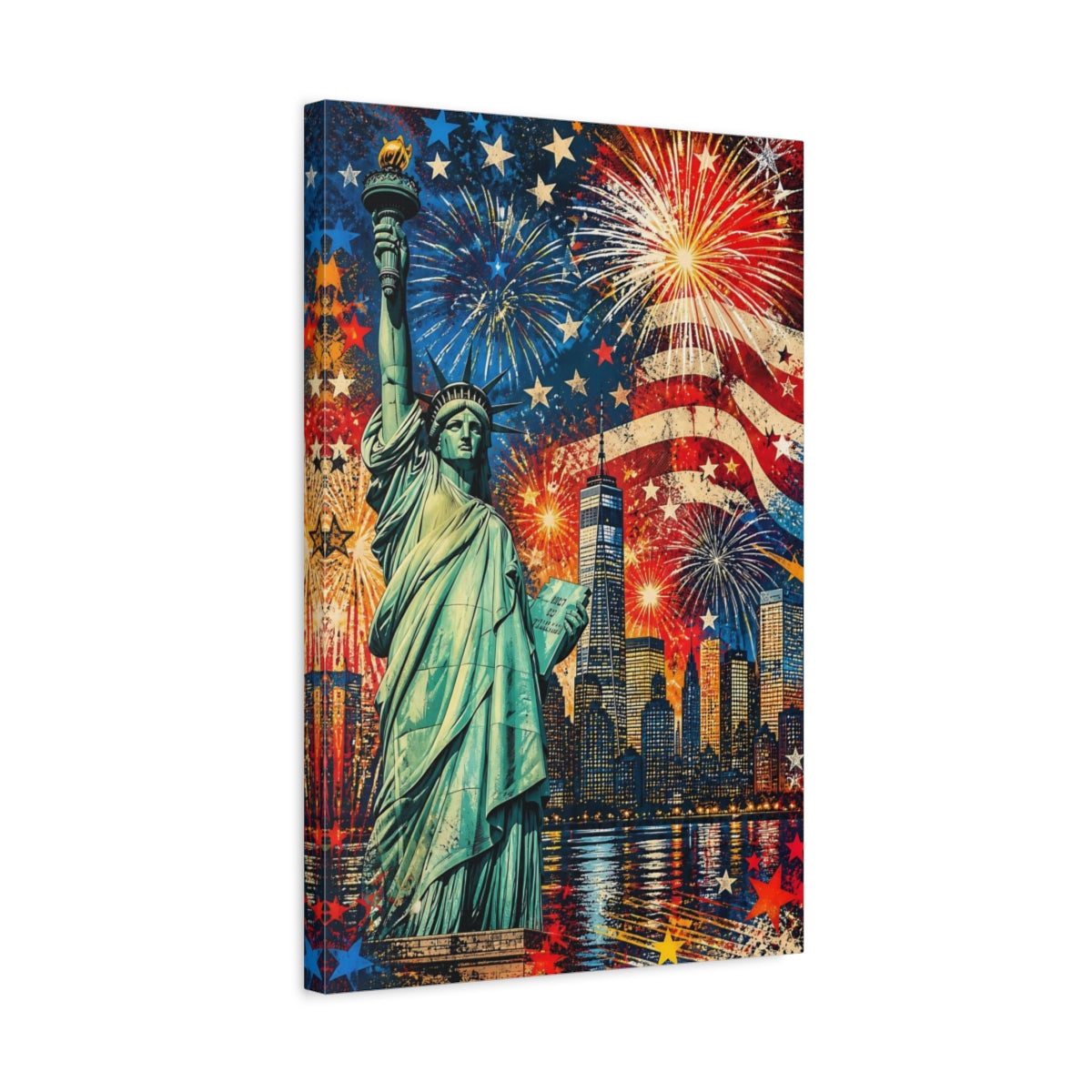 Side Mockup 3. Liberty Fireworks Skyline shown as canvas print