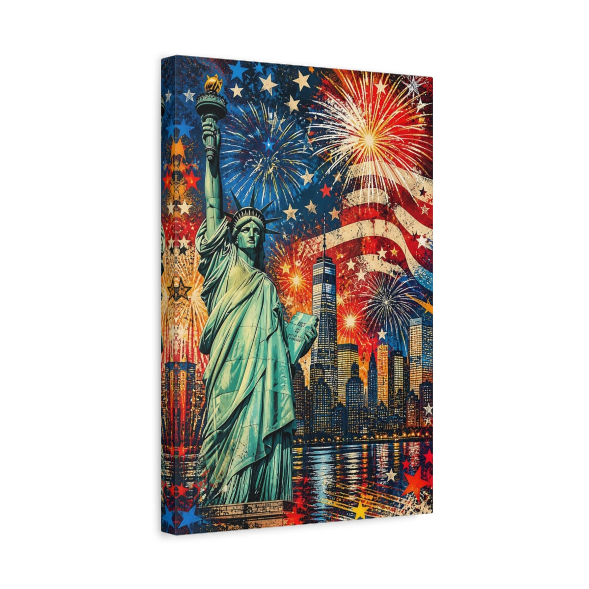 Side Mockup 4. Liberty Fireworks Skyline shown as canvas print