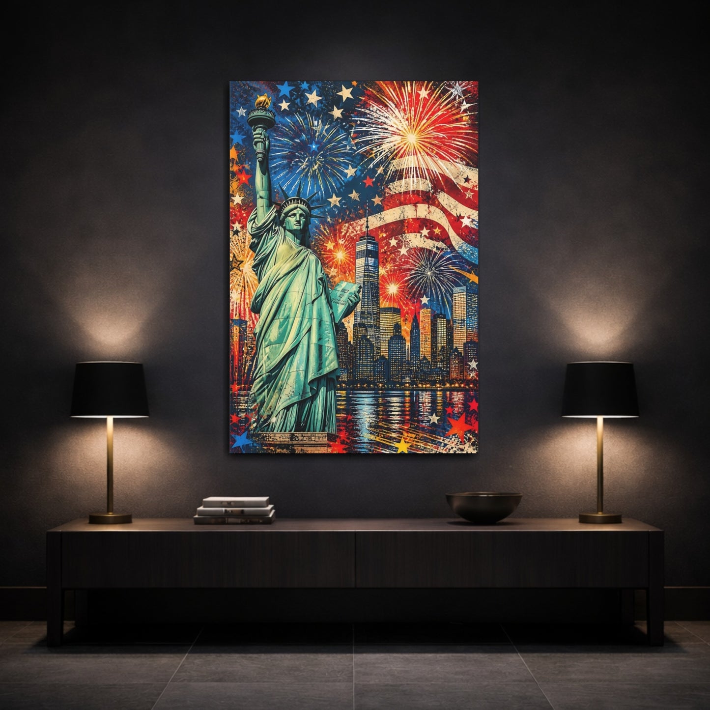 Mockup 3. Liberty Fireworks Skyline shown as canvas print