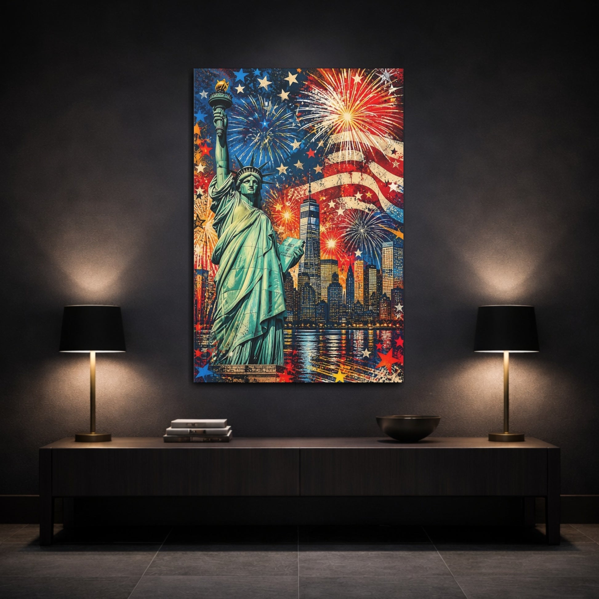Mockup 3. Liberty Fireworks Skyline shown as canvas print