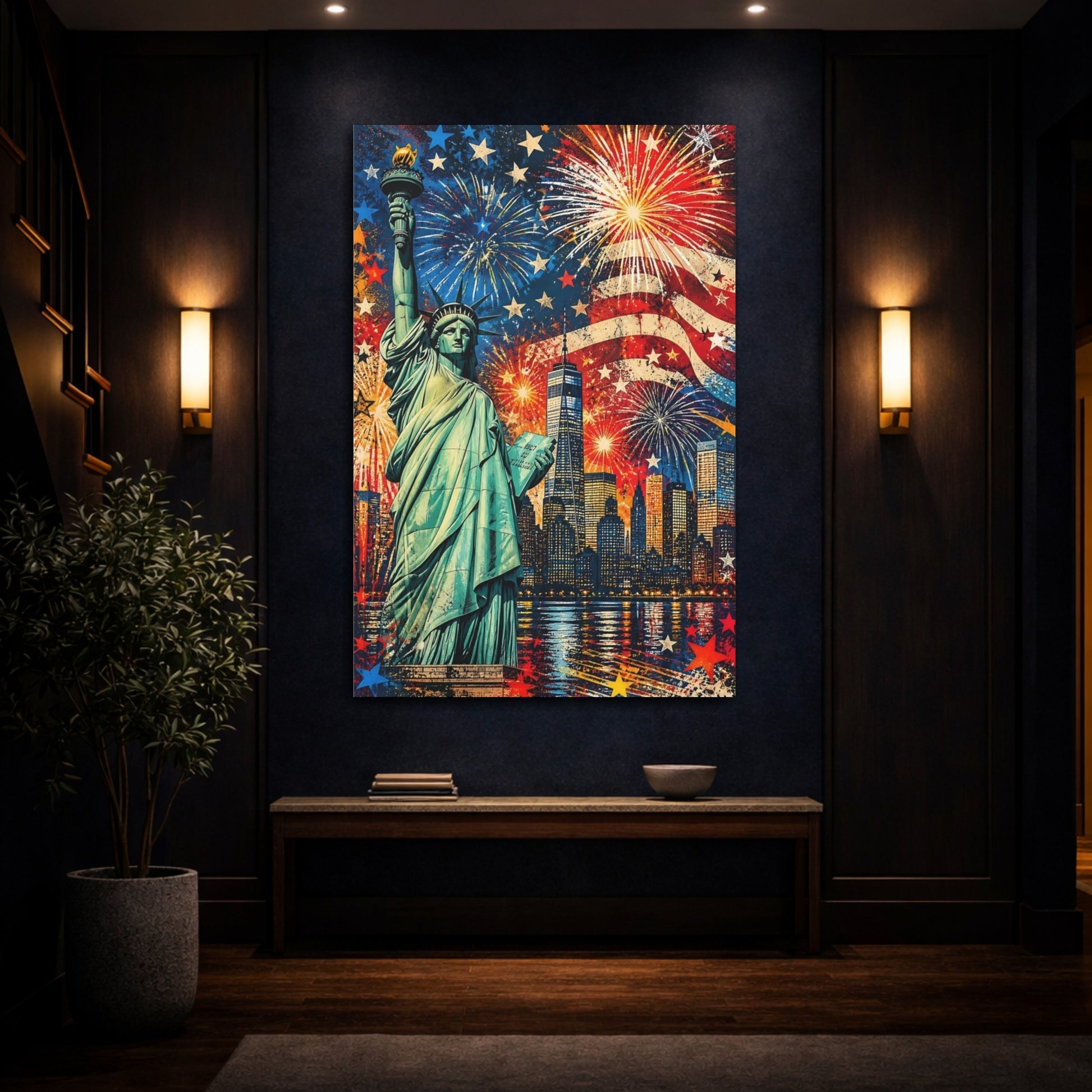 Mockup 4. Liberty Fireworks Skyline shown as canvas print