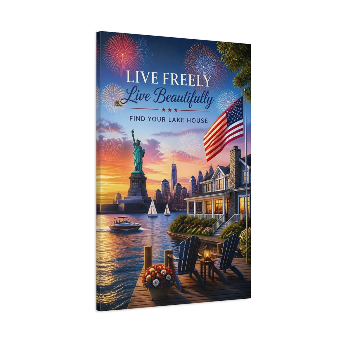 Main Mockup. Liberty Lakehouse Celebration shown as canvas print