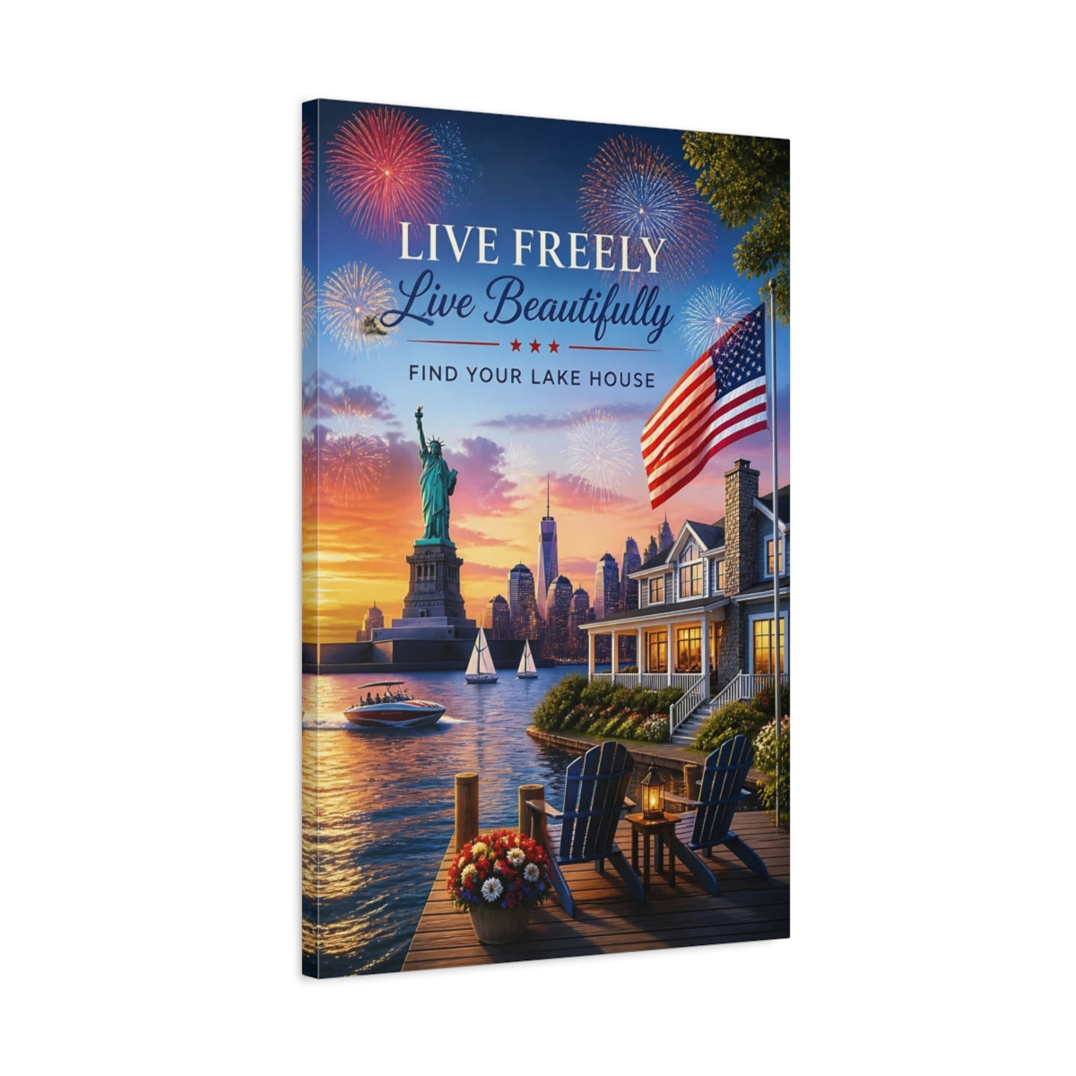 Side Mockup 2. Liberty Lakehouse Celebration shown as canvas print