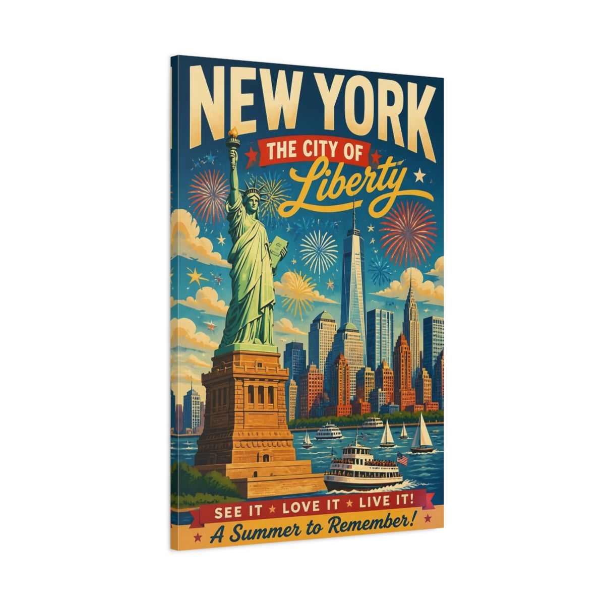 Main Mockup. Liberty Skyline Poster shown as canvas print
