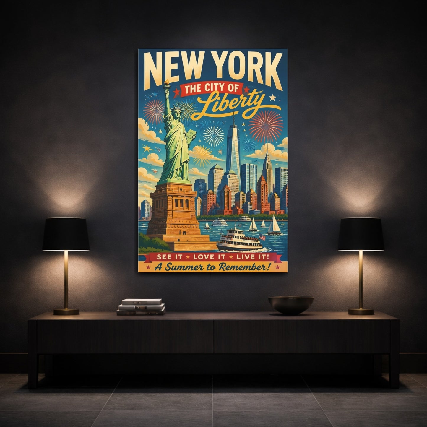 Mockup 3. Liberty Skyline Poster shown as canvas print