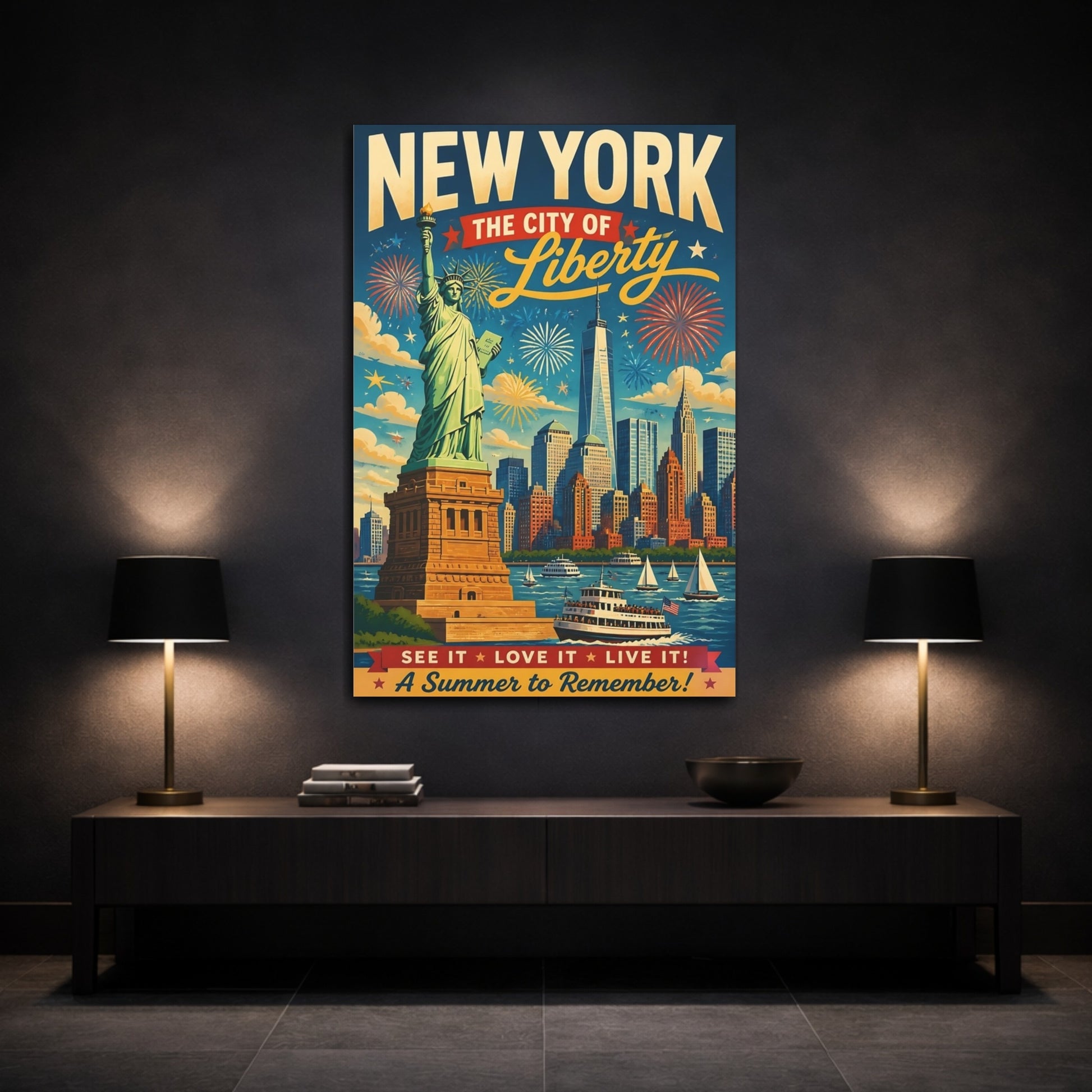 Mockup 3. Liberty Skyline Poster shown as canvas print