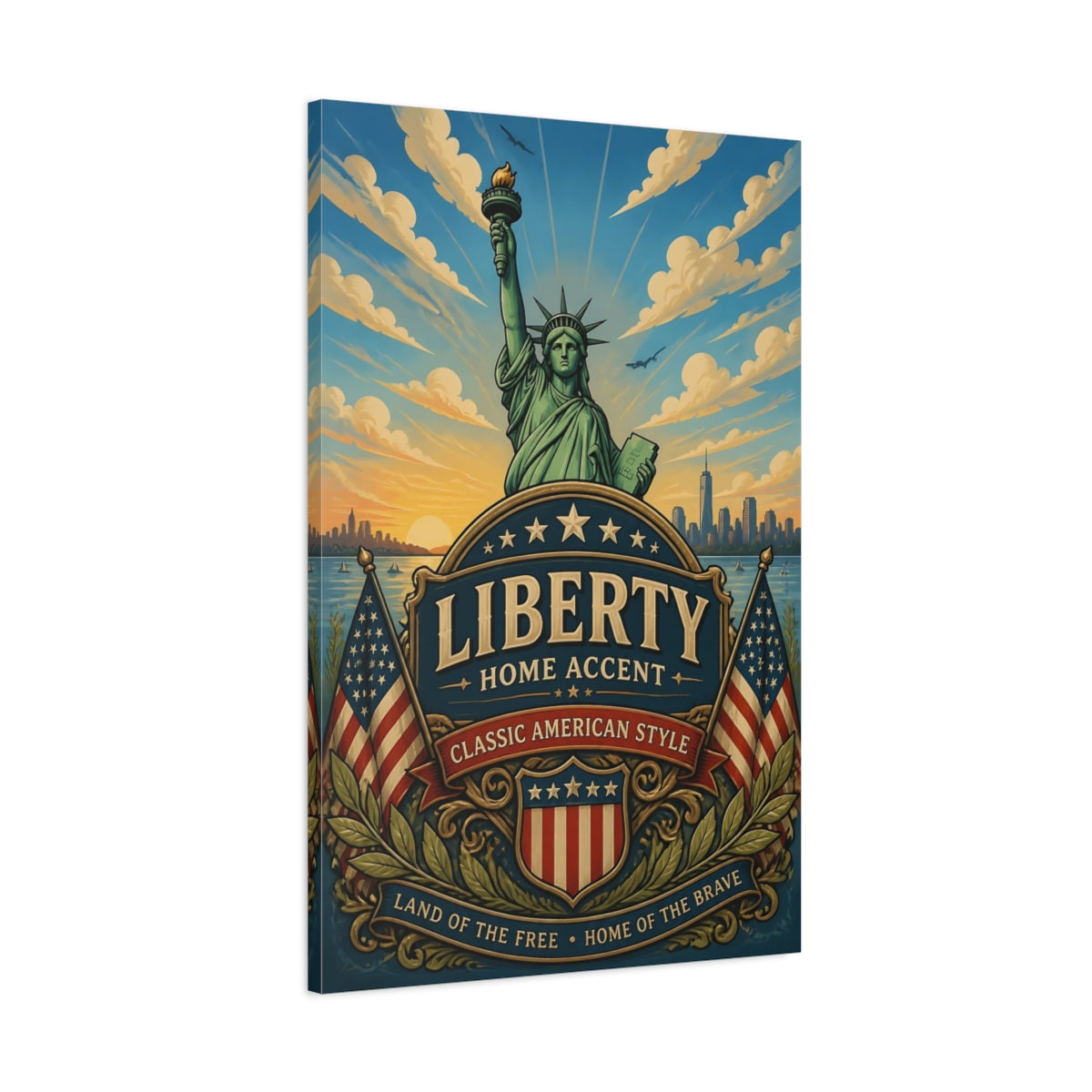 Main Mockup. Liberty Statue Emblem shown as canvas print