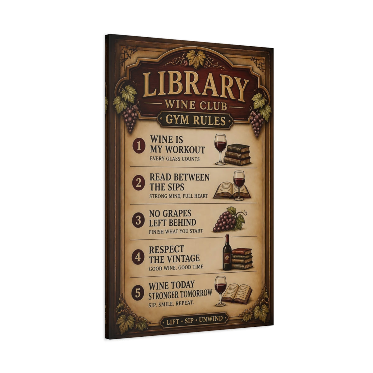 Main Mockup. Library Wine Quote Sign shown as canvas print