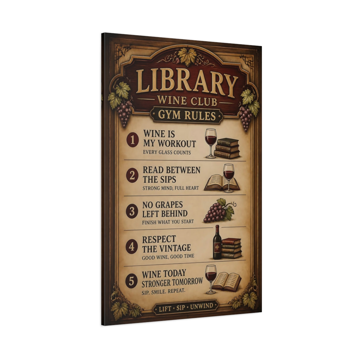 Side Mockup 1. Library Wine Quote Sign shown as canvas print