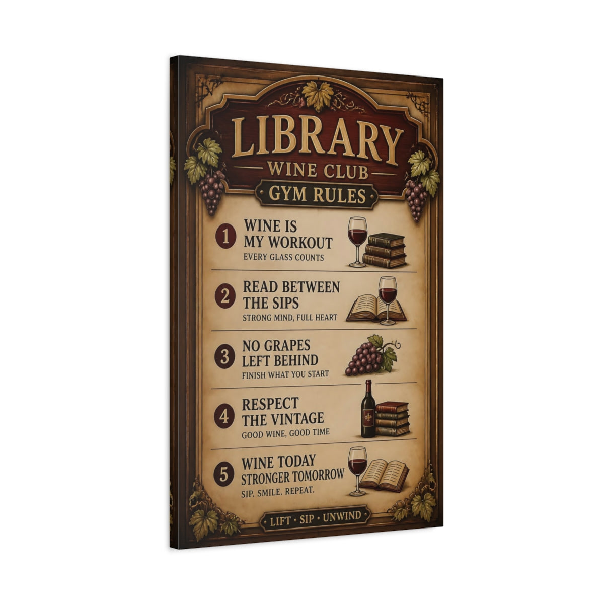 Side Mockup 2. Library Wine Quote Sign shown as canvas print
