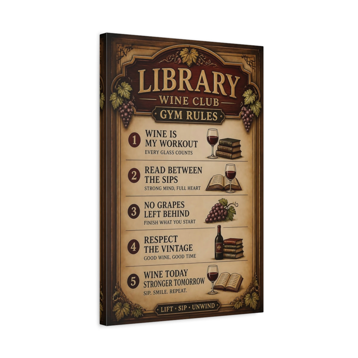 Side Mockup 3. Library Wine Quote Sign shown as canvas print