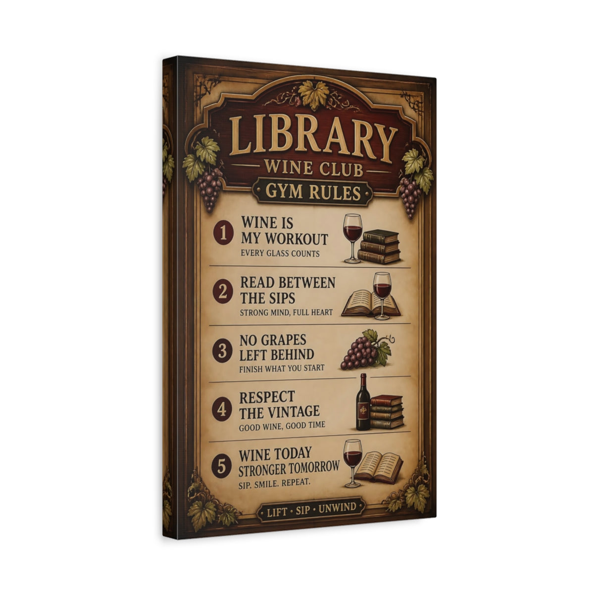 Side Mockup 4. Library Wine Quote Sign shown as canvas print