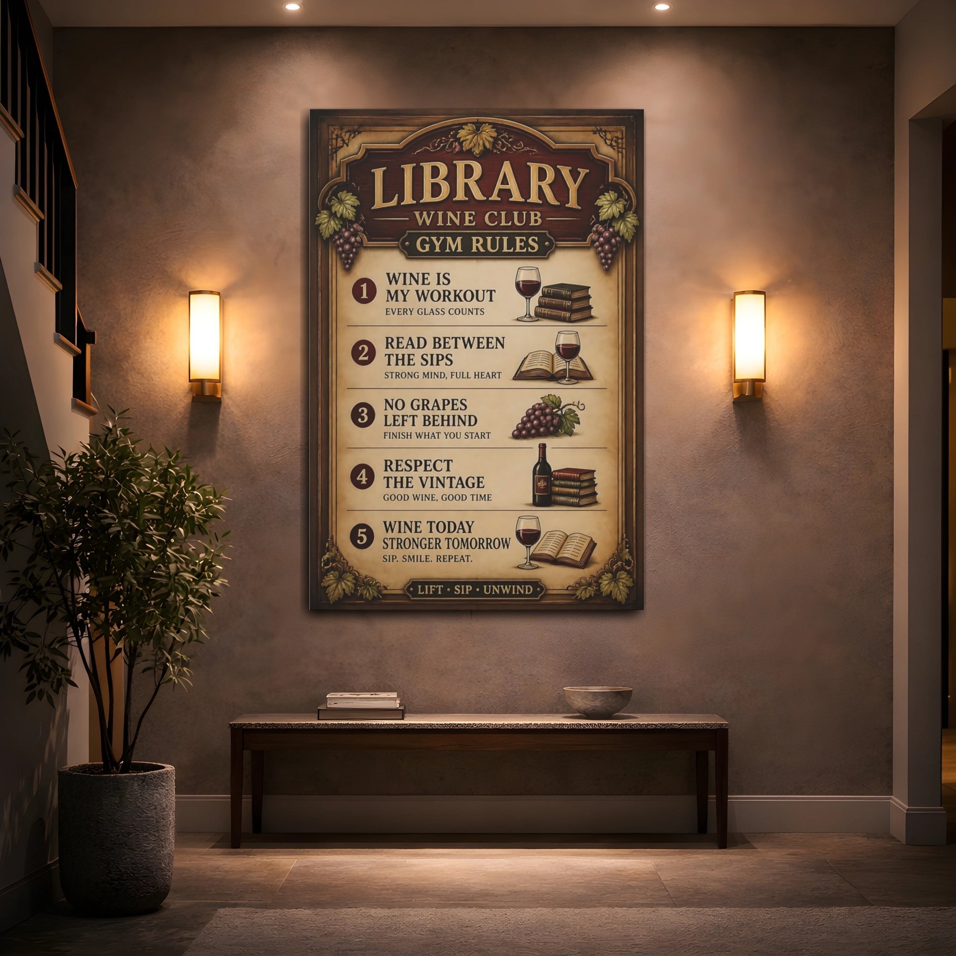 Mockup 2. Library Wine Quote Sign shown as canvas print