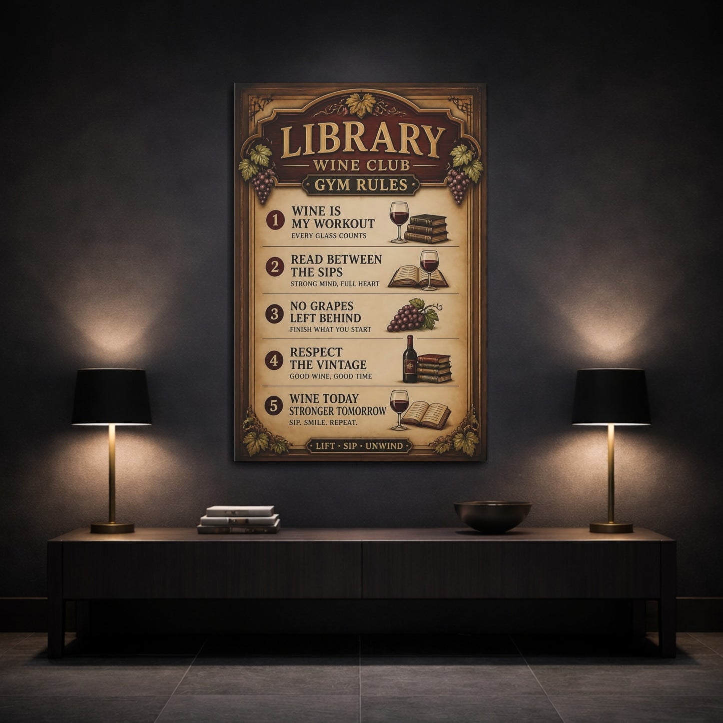 Mockup 3. Library Wine Quote Sign shown as canvas print