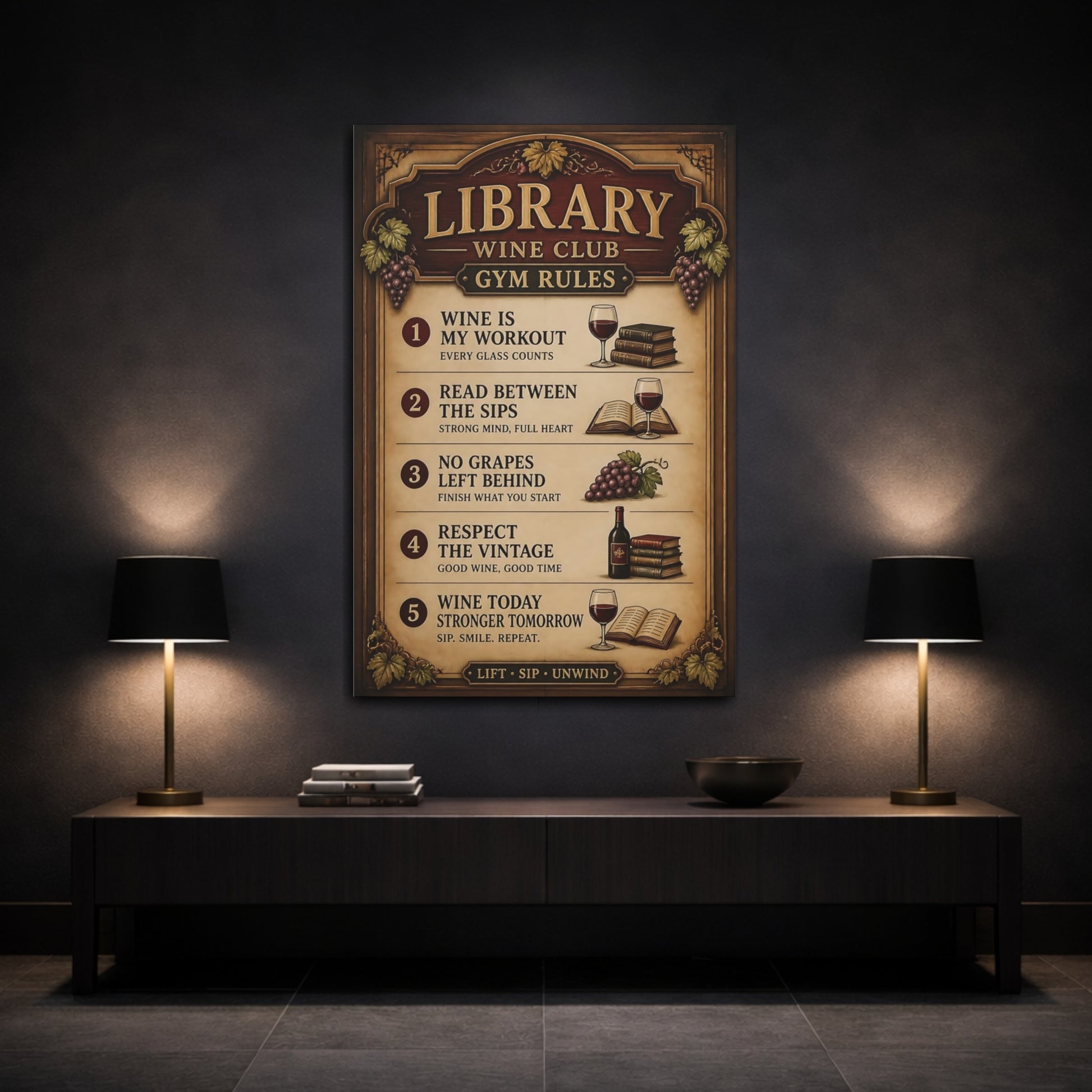 Mockup 3. Library Wine Quote Sign shown as canvas print