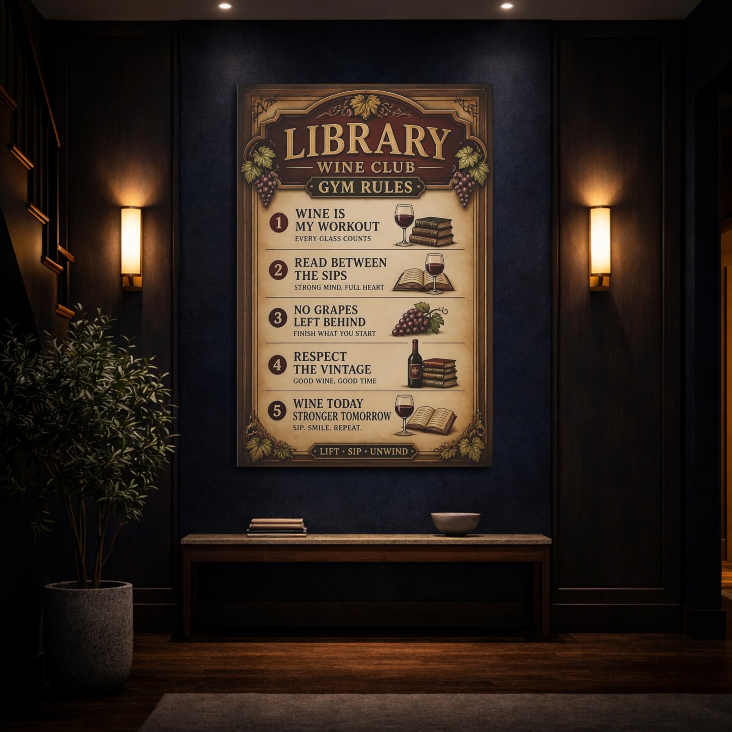 Mockup 4. Library Wine Quote Sign shown as canvas print