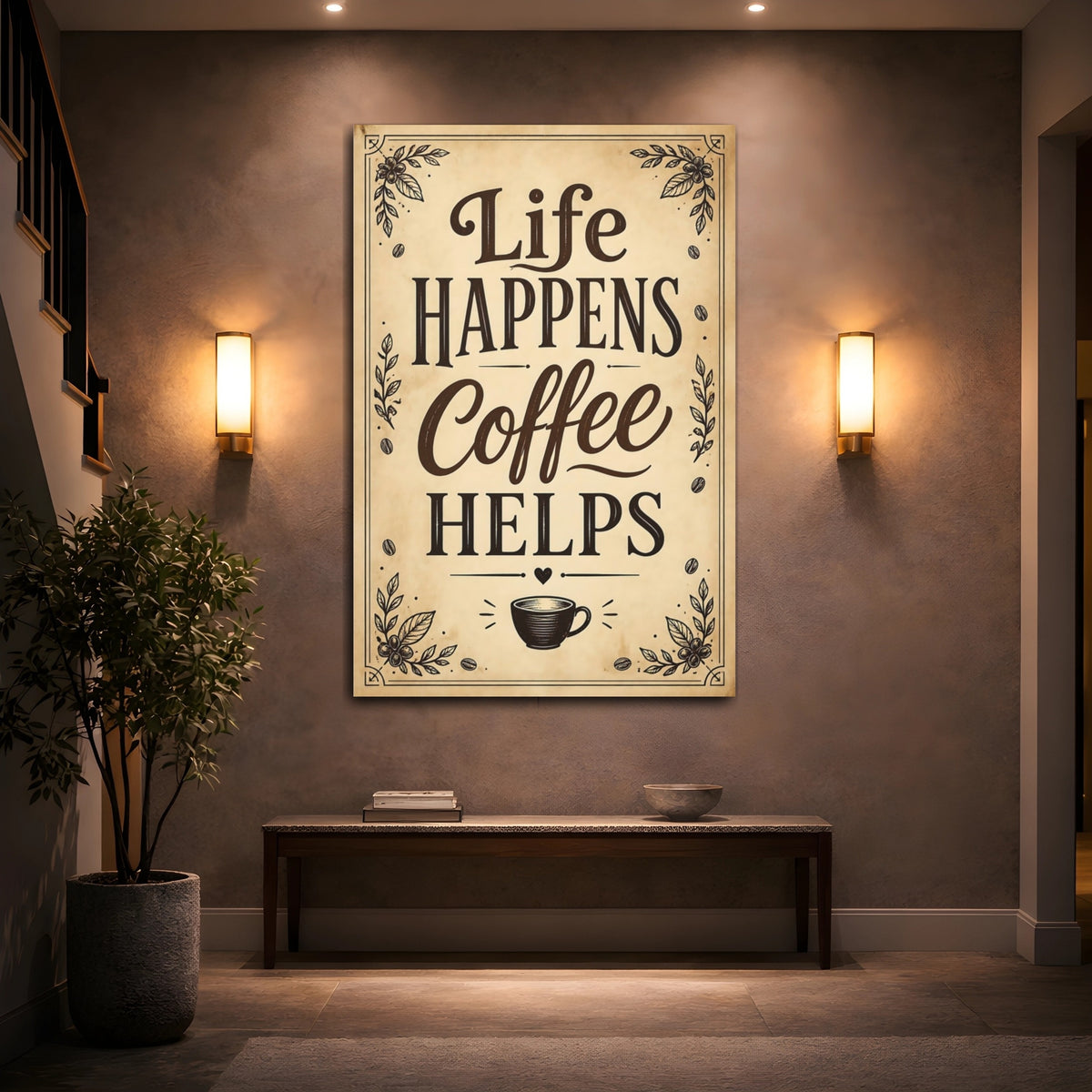 Mockup 2. Life Happens Coffee Helps shown as canvas print