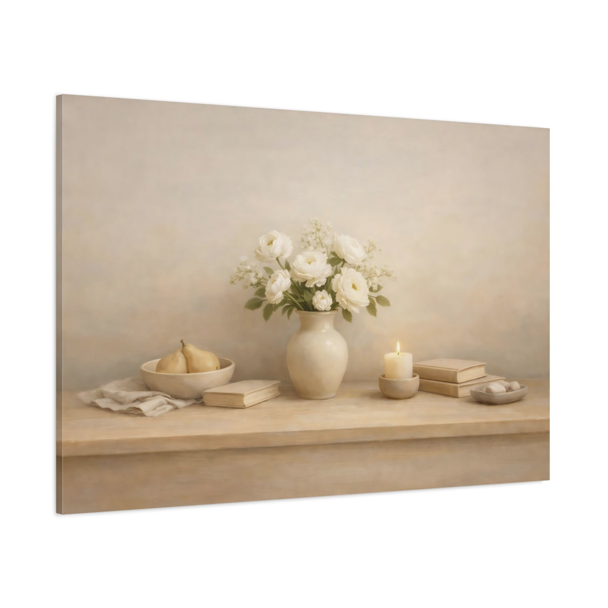 Main Mockup. Light Airy Minimal Table Edge Scene shown as stretched canvas wall art