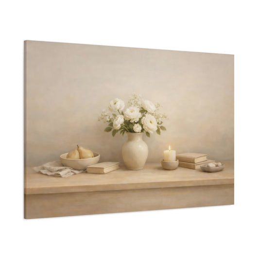 Main Mockup. Light Airy Minimal Table Edge Scene shown as stretched canvas wall art