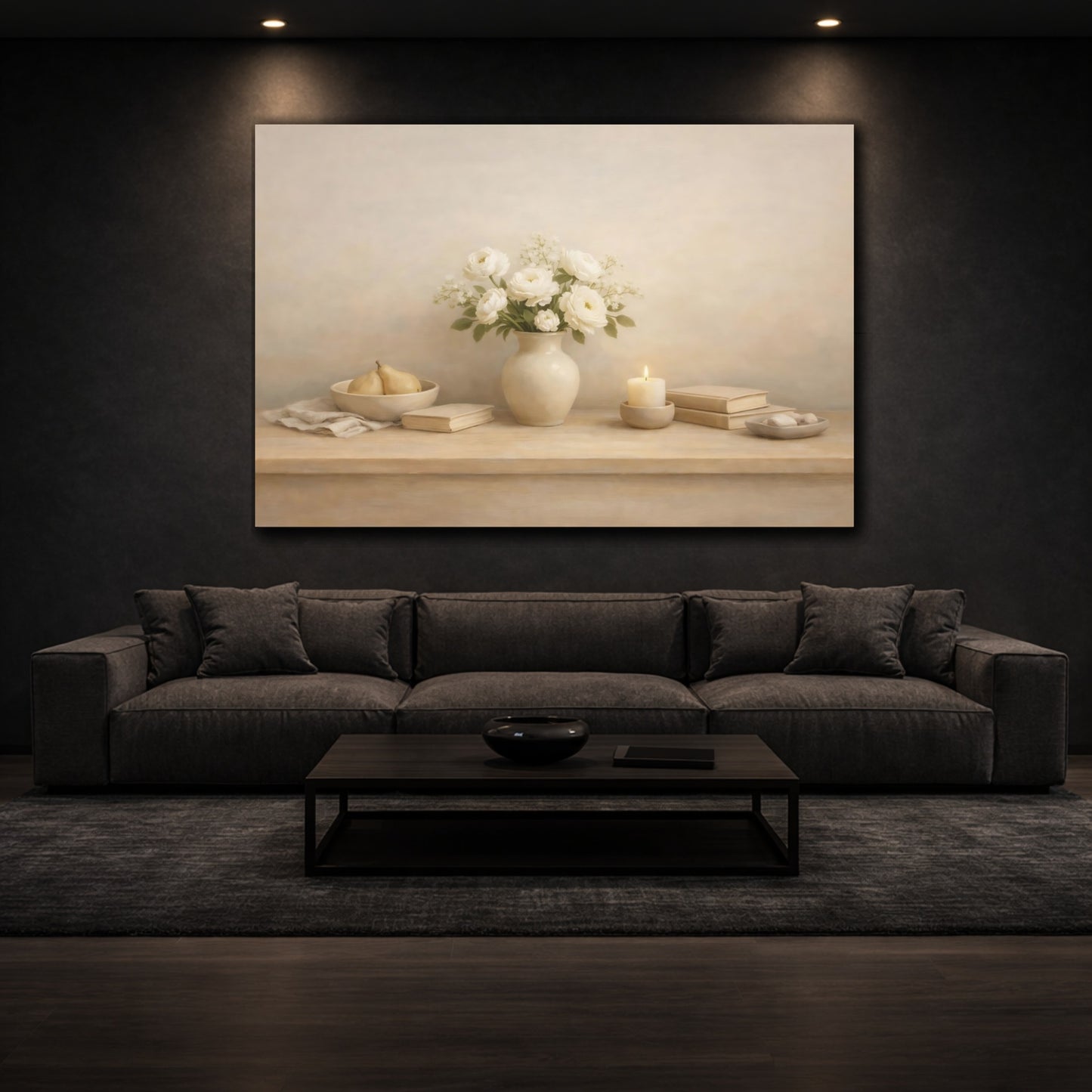 Mockup 2. Light Airy Minimal Table Edge Scene shown as stretched canvas wall art