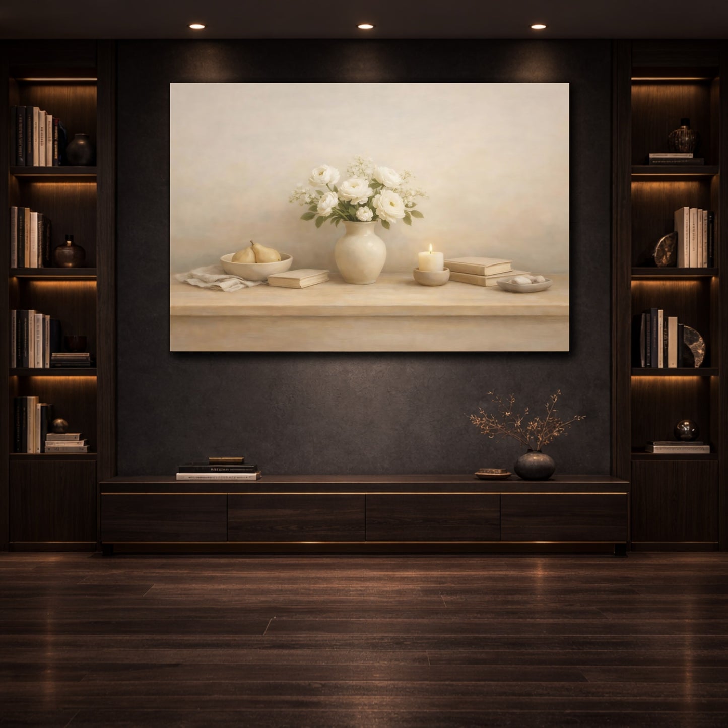 Mockup 3. Light Airy Minimal Table Edge Scene shown as stretched canvas wall art
