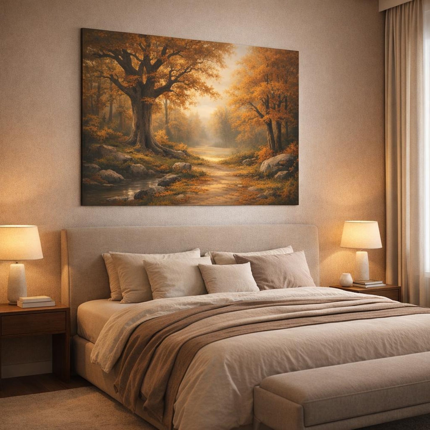 Light Balance Autumn Forest shown as canvas wall art in a luxury bedroom