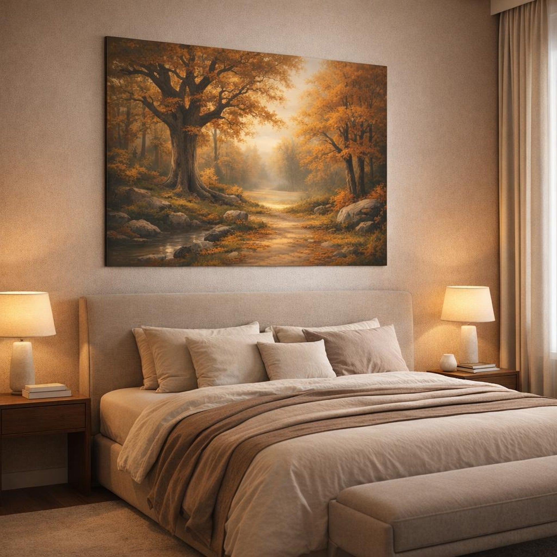 Light Balance Autumn Forest shown as canvas wall art in a luxury bedroom