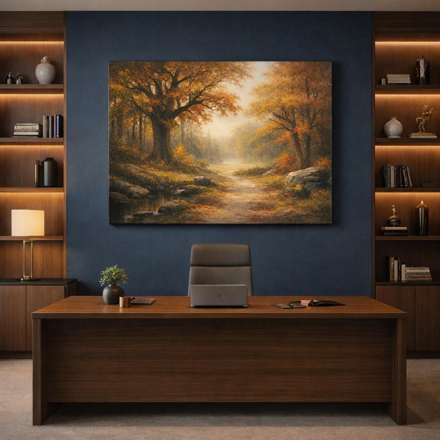 Light Balance Autumn Forest shown as canvas wall art in a refined dining room