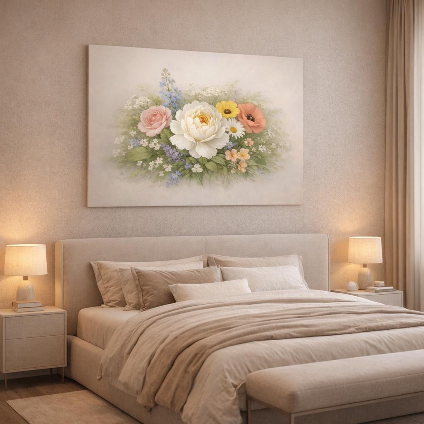 Light Balance Botanical Flowers shown as canvas wall art in a luxury bedroom