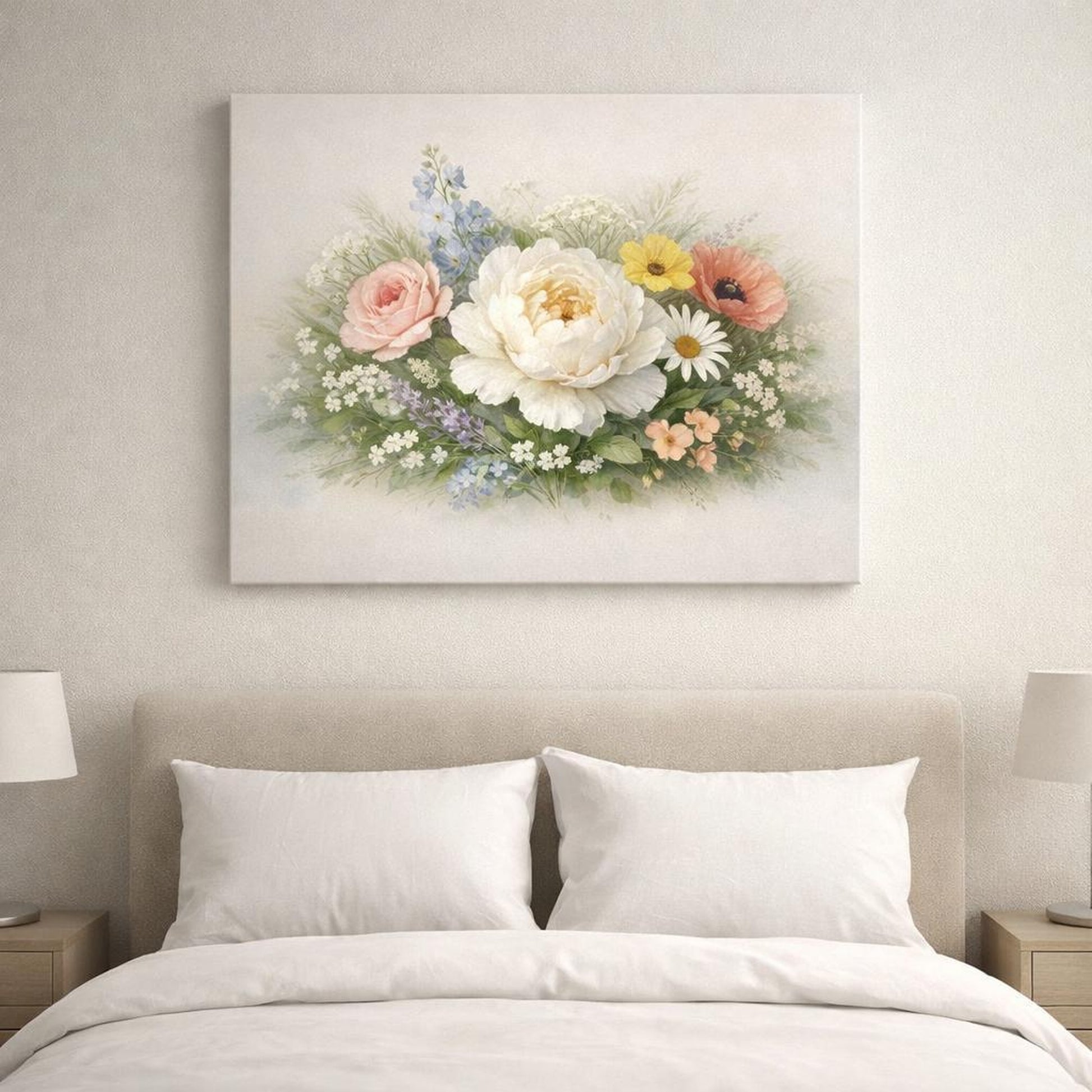 Light Balance Botanical Flowers shown as canvas wall art in a refined dining room
