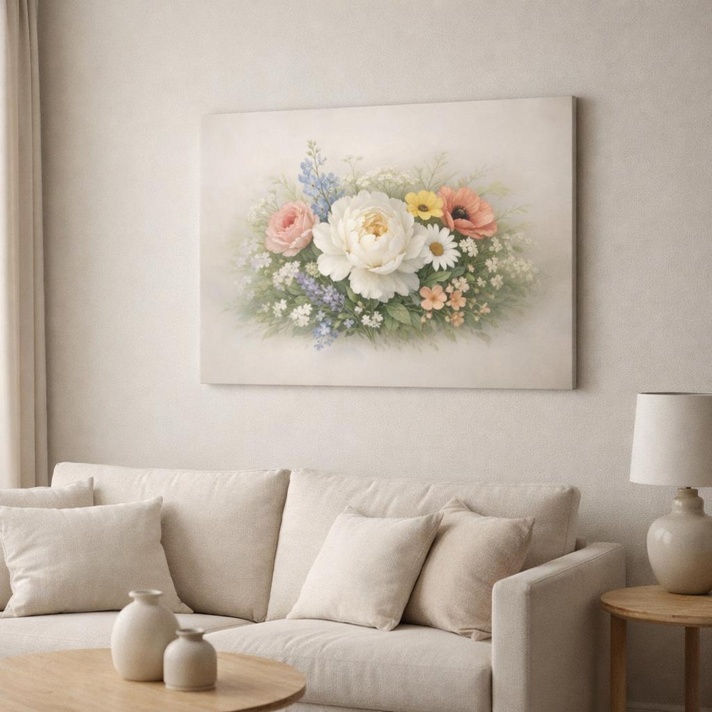 Light Balance Botanical Flowers shown as canvas wall art in a modern living room