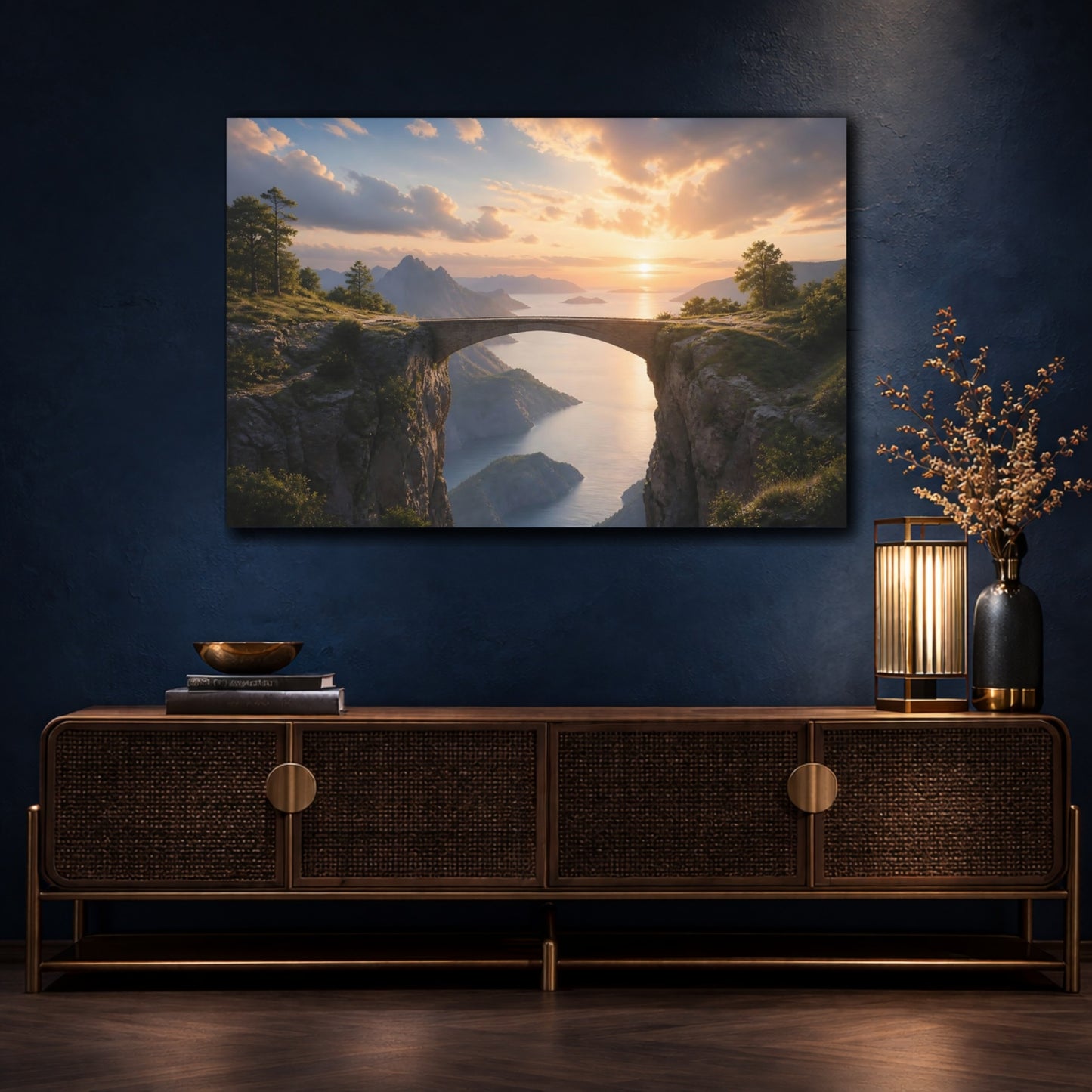 Mockup 2. Light Balance Bridge Between Cliffs Connection Concept shown as stretched canvas wall art