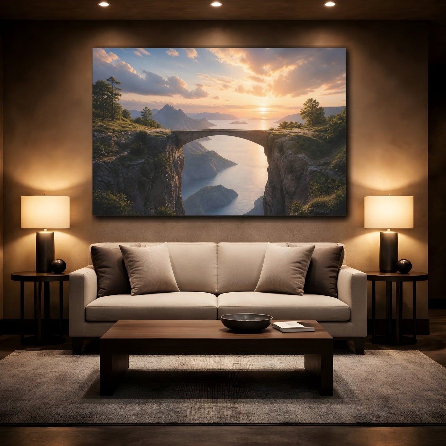 Mockup 3. Light Balance Bridge Between Cliffs Connection Concept shown as stretched canvas wall art