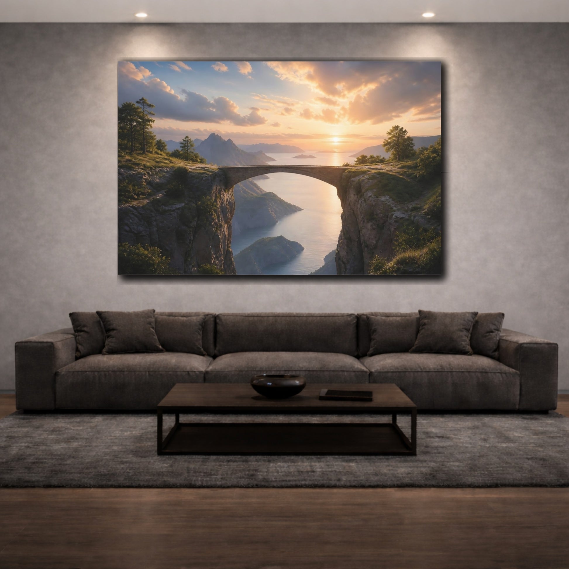 Mockup 4. Light Balance Bridge Between Cliffs Connection Concept shown as stretched canvas wall art