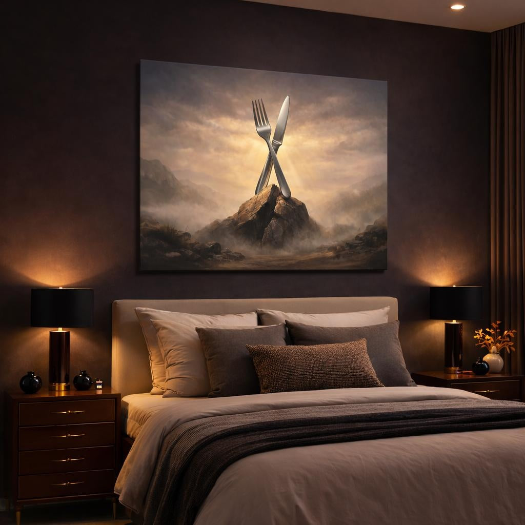 Light Balance Fork And Knife shown as canvas wall art in a luxury bedroom