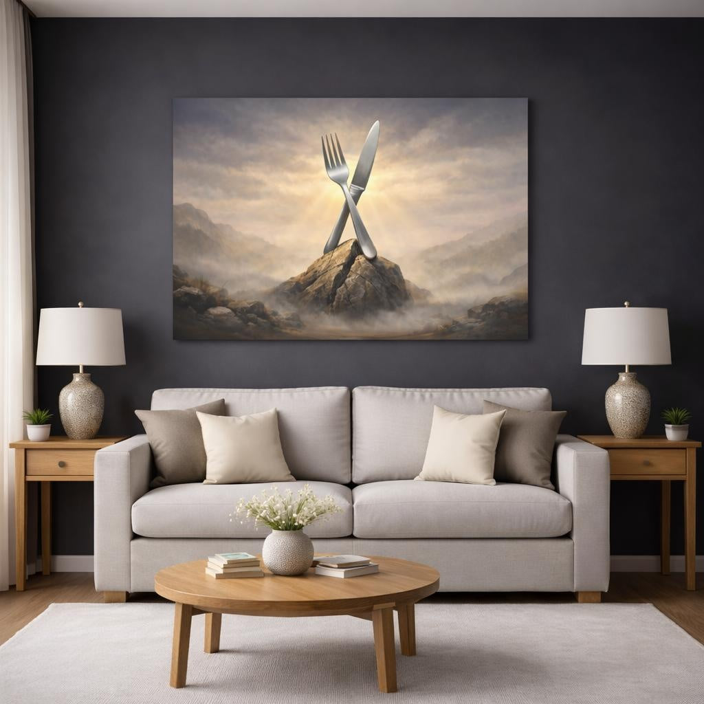 Light Balance Fork And Knife shown as canvas wall art in a modern living room