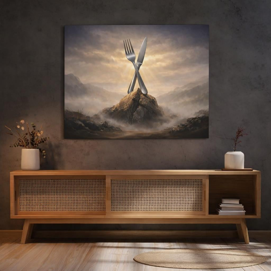 Light Balance Fork And Knife shown as canvas wall art in a refined dining room