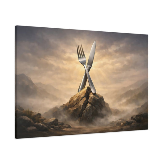 Light Balance Fork And Knife shown as stretched canvas wall art