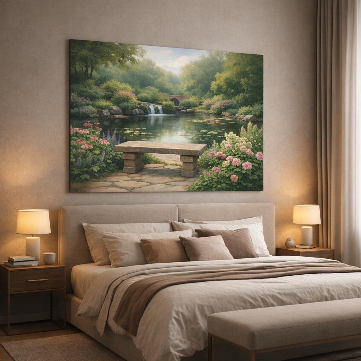 Light Balance Garden Greenery shown as canvas wall art in a luxury bedroom
