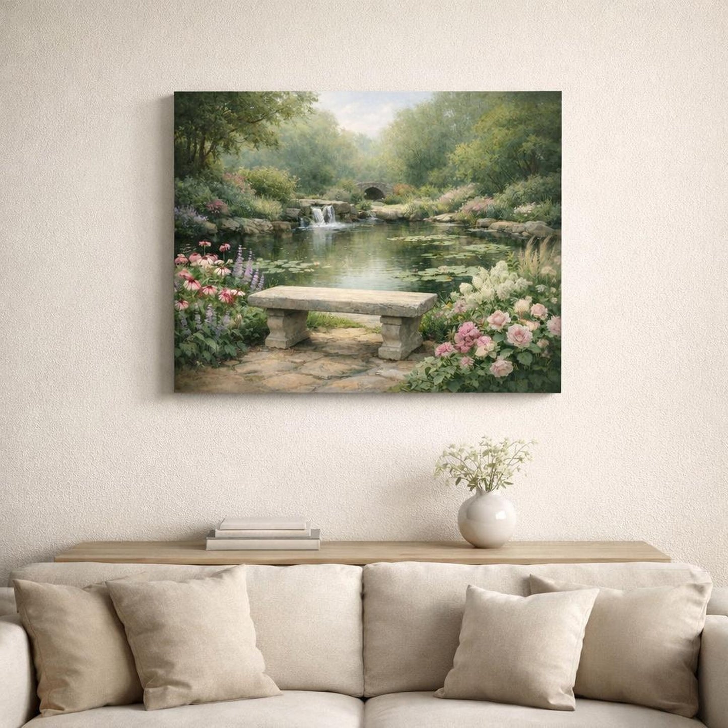 Light Balance Garden Greenery shown as canvas wall art in a refined dining room