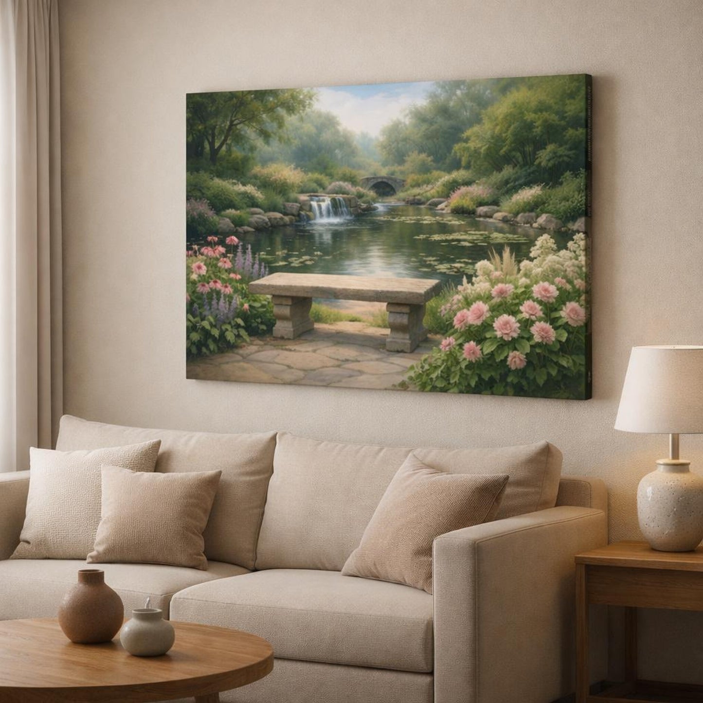 Light Balance Garden Greenery shown as canvas wall art in a modern living room