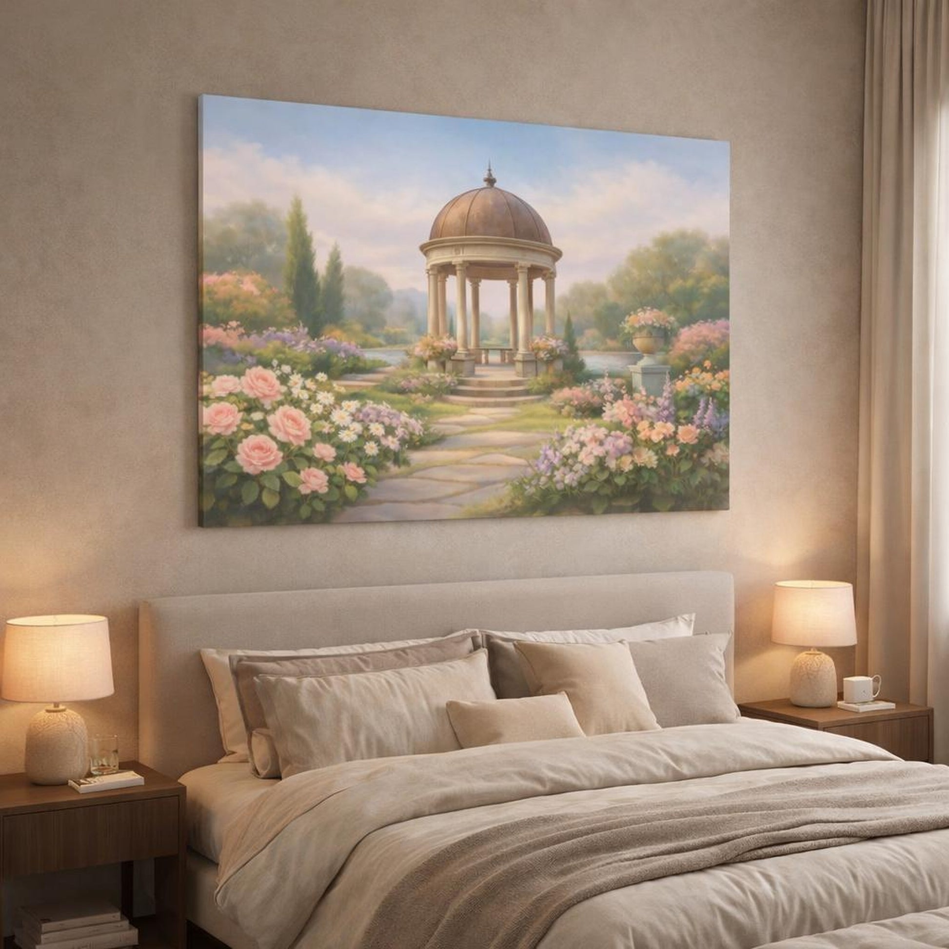 Light Balance Garden Pastel shown as canvas wall art in a luxury bedroom