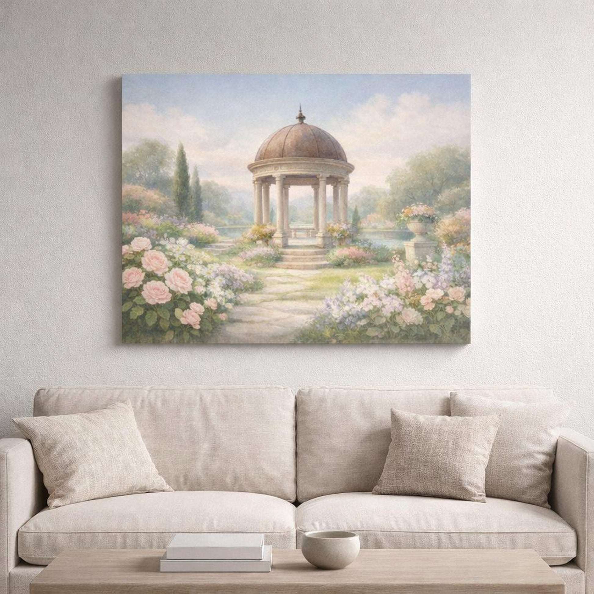 Light Balance Garden Pastel shown as canvas wall art in a refined dining room