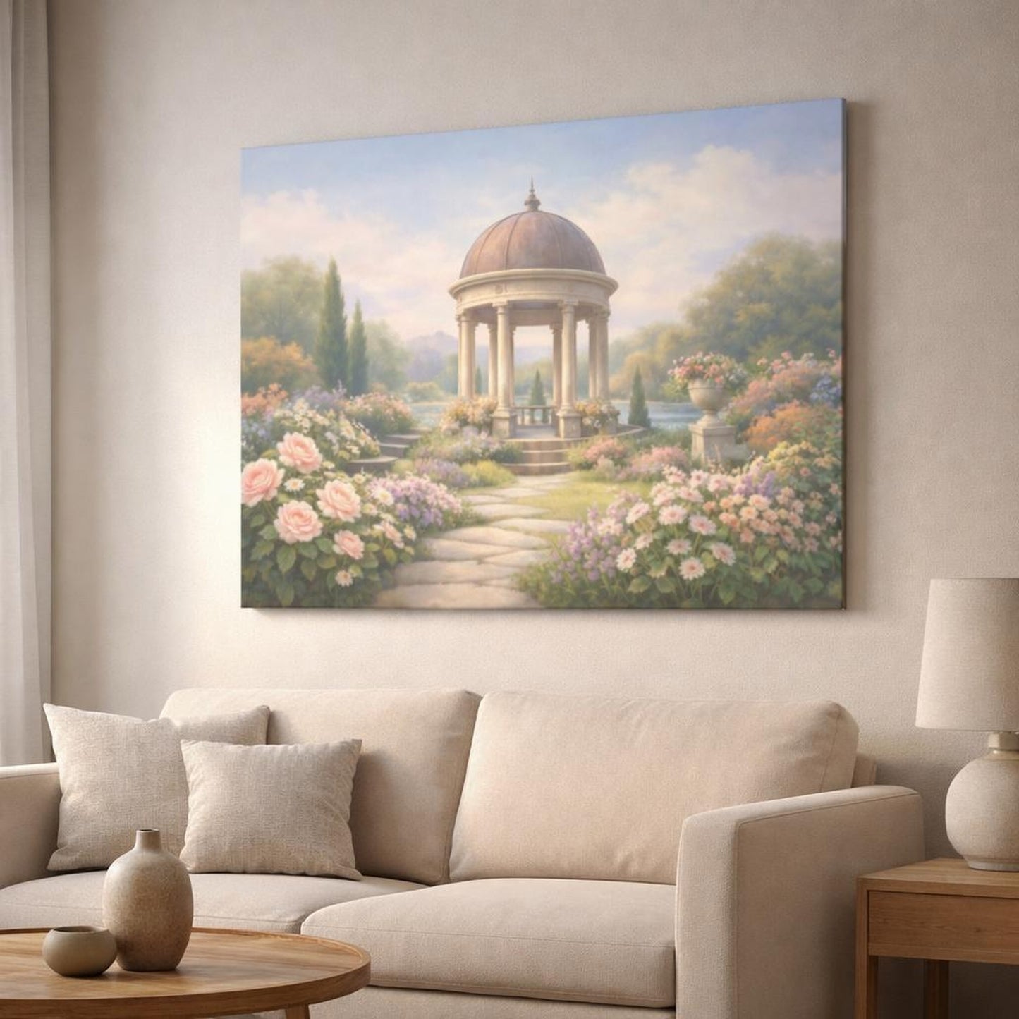 Light Balance Garden Pastel shown as canvas wall art in a modern living room