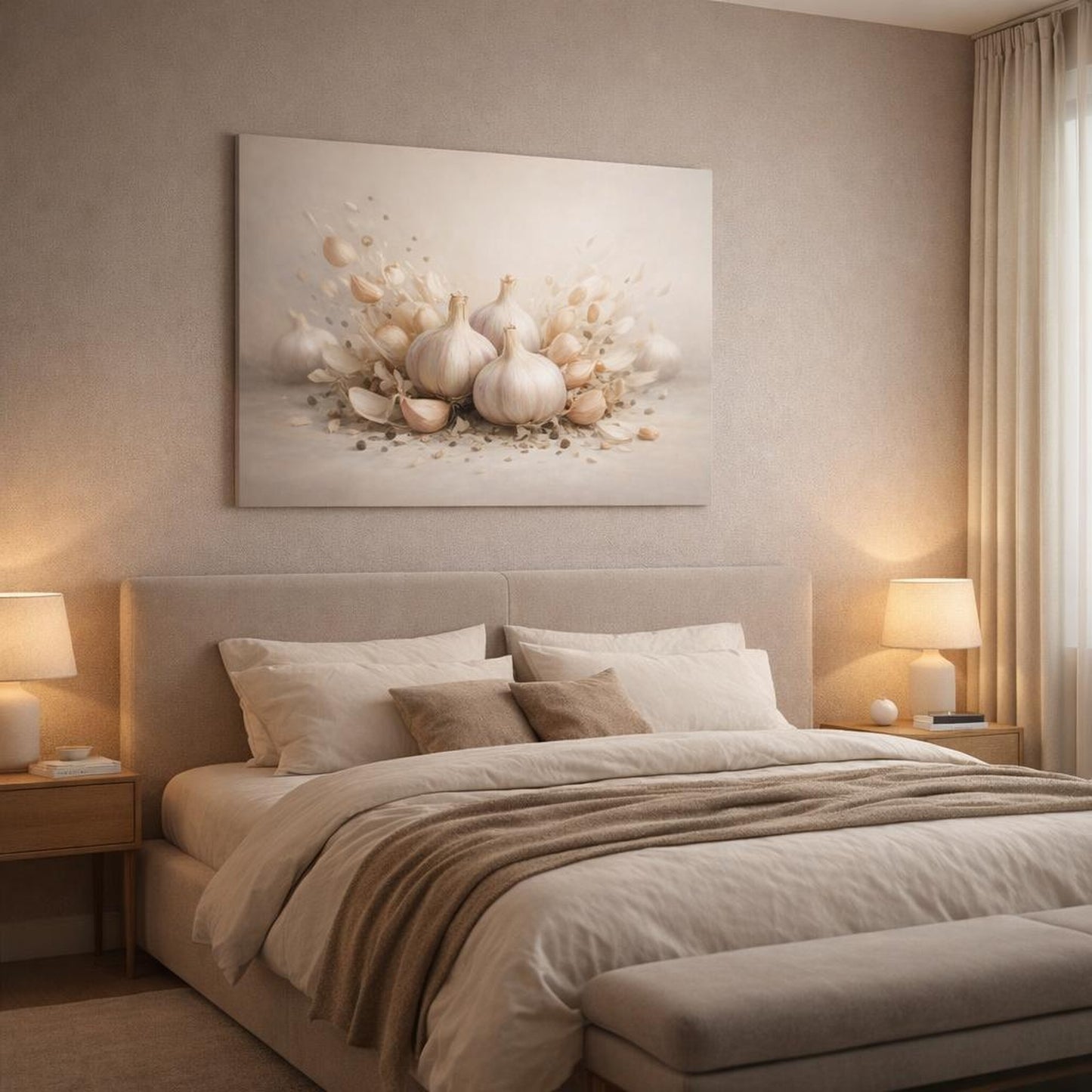 Light Balance Garlic Bulbs shown as canvas wall art in a luxury bedroom