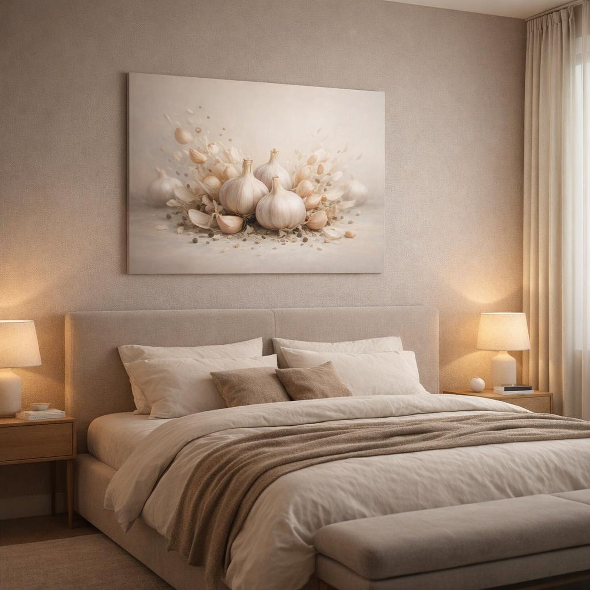 Light Balance Garlic Bulbs shown as canvas wall art in a luxury bedroom